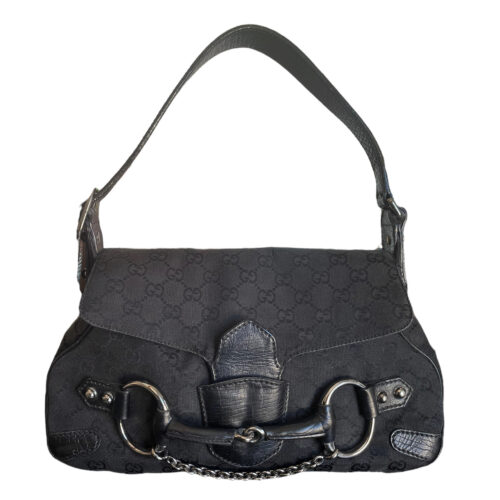 Vintage Gucci Monogram Horsebit Shoulder Bag in Black | NITRYL