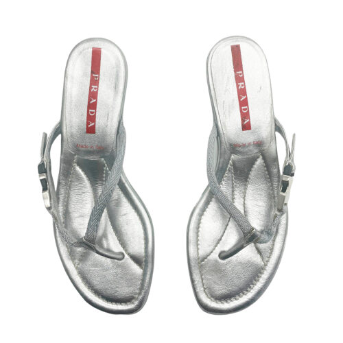 Vintage Prada Strappy Kitten Heel Sandals in Silver Size 3 | NITRYL