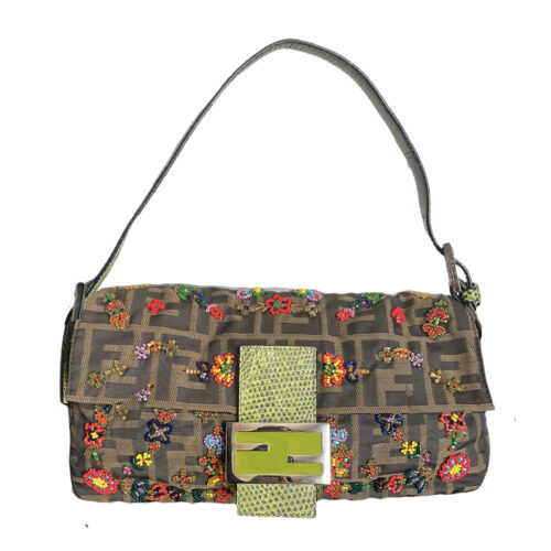Vintage Fendi Zucca Floral Beaded Baguette with Green Lizard Leather Detailing | NITRYL
