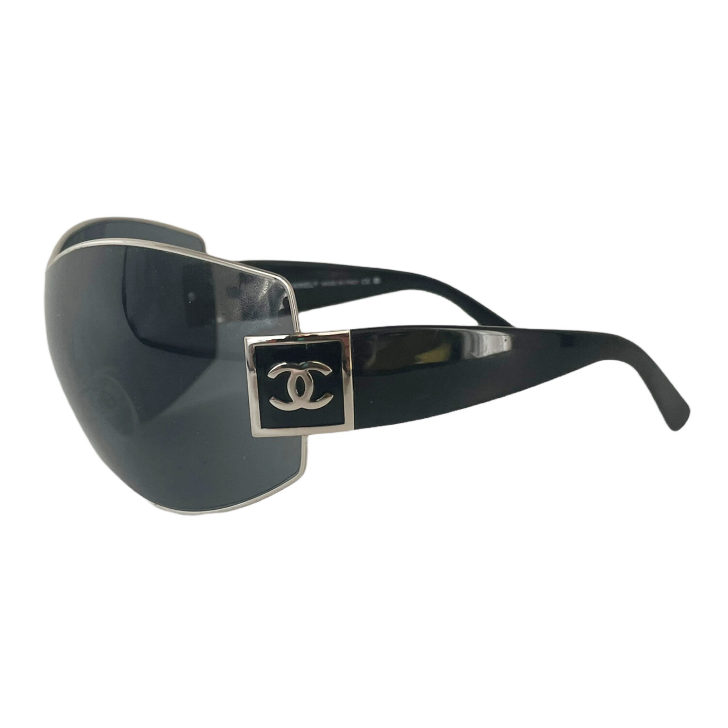 Vintage Chanel Oversized Shield Sunglasses in Black / Silver | NITRYL