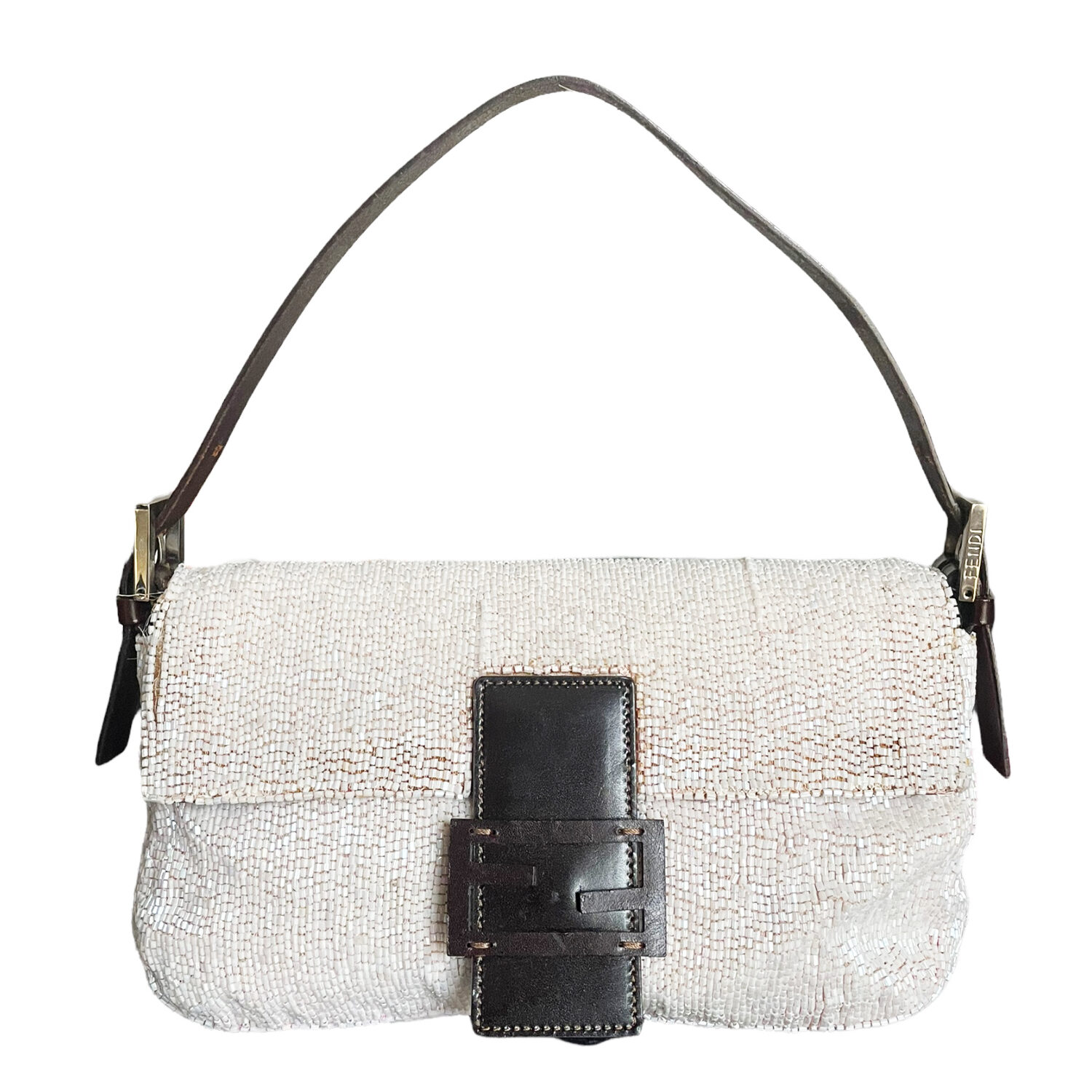 Vintage Fendi Beaded Shoulder Baguette Bag in Cream / Nude | NITRYL