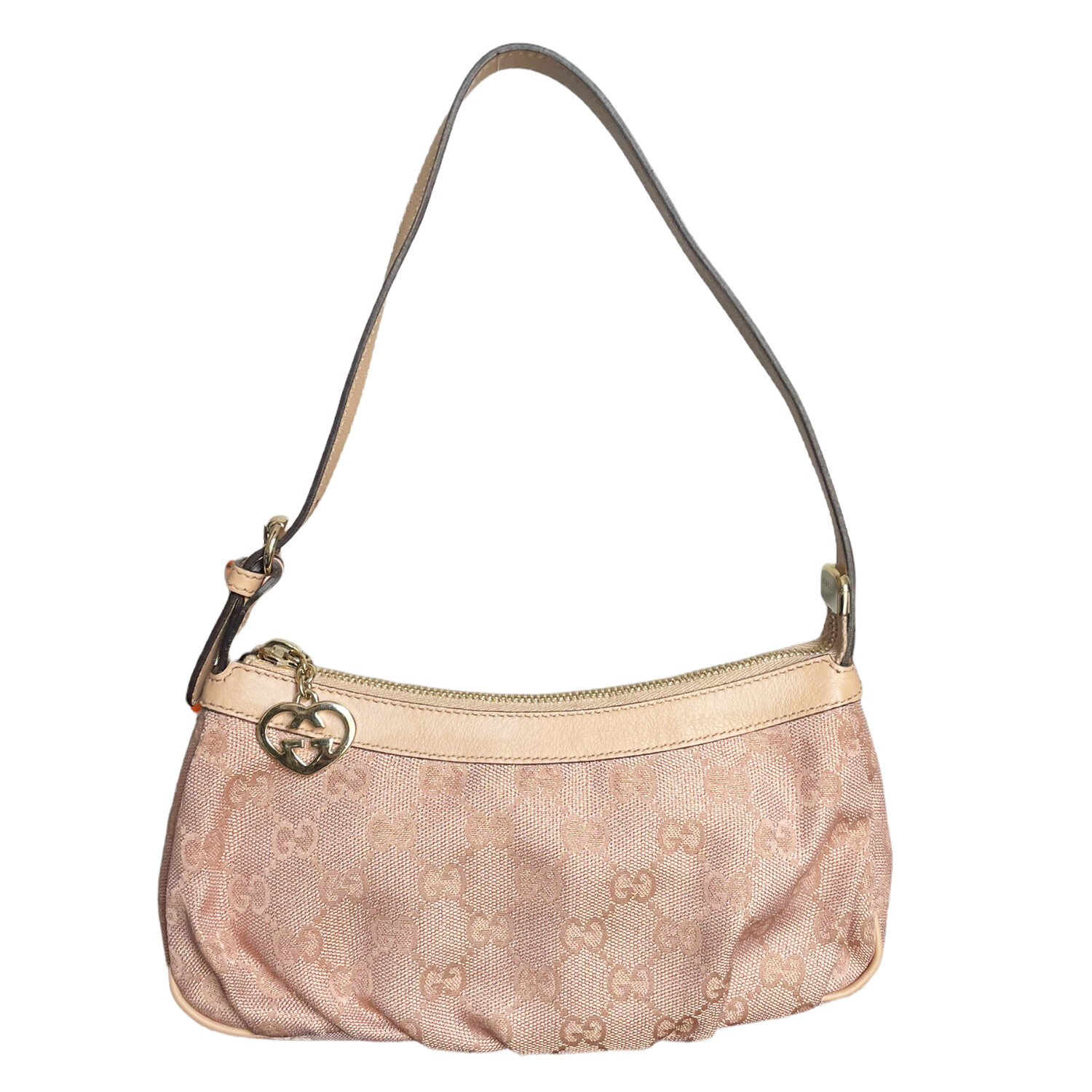 Vintage Gucci Monogram Mini Shoulder Baguette Bag in Baby Pink / Gold | NITRYL