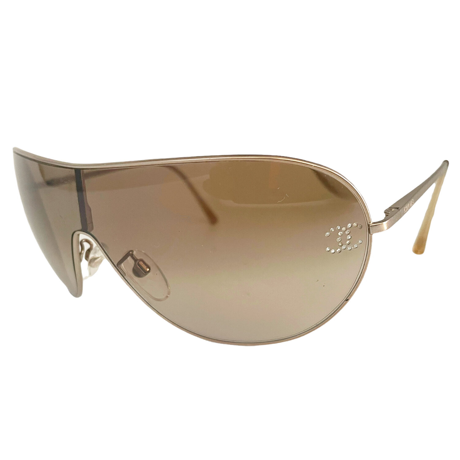 Vintage Chanel Diamante Rimless Shield Sunglasses in Brown | NITRYL