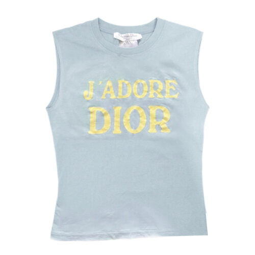 Vintage Dior 'J'Adore Dior' Spellout Tank Vest Top in Baby Blue / Yellow UK 12 | NITRYL
