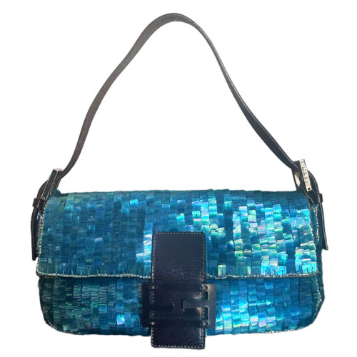 Vintage Fendi Sequin Beaded Baguette Shoulder Bag in Aqua Blue | NITRYL