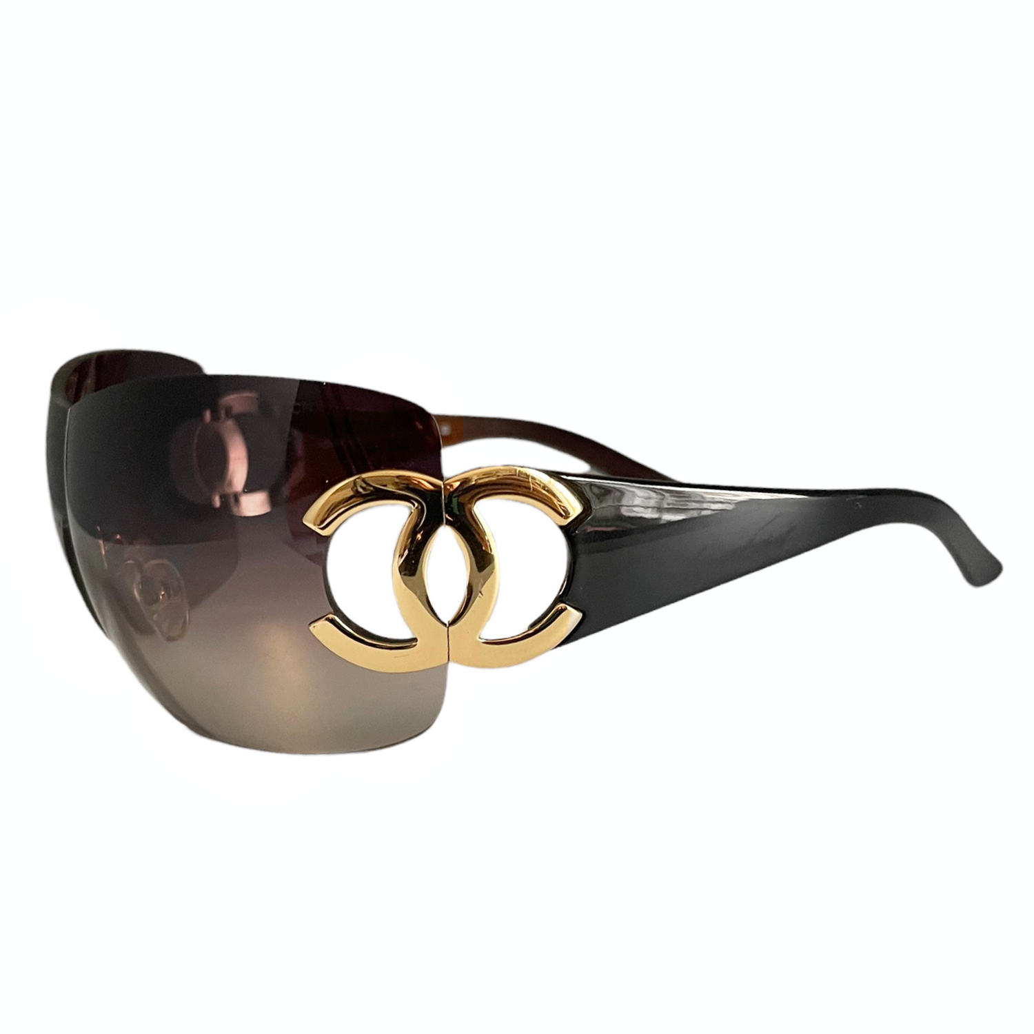 Chanel Rimless Logo Shield Sunglasses in Brown / Gold