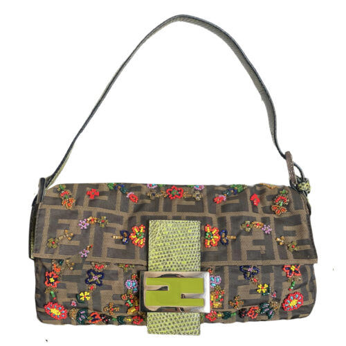 Vintage Fendi Zucca Floral Beaded Baguette Shoulder Bag with Exotic Leather | NITRYL