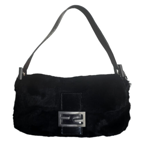 Vintage Fendi Fur Shoulder Baguette Bag in Black / Silver | NITRYL
