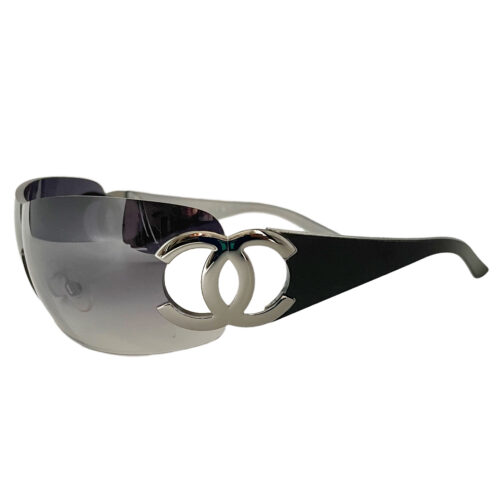 Vintage Chanel Rimless Logo Shield Sunglasses in Silver | NITRYL