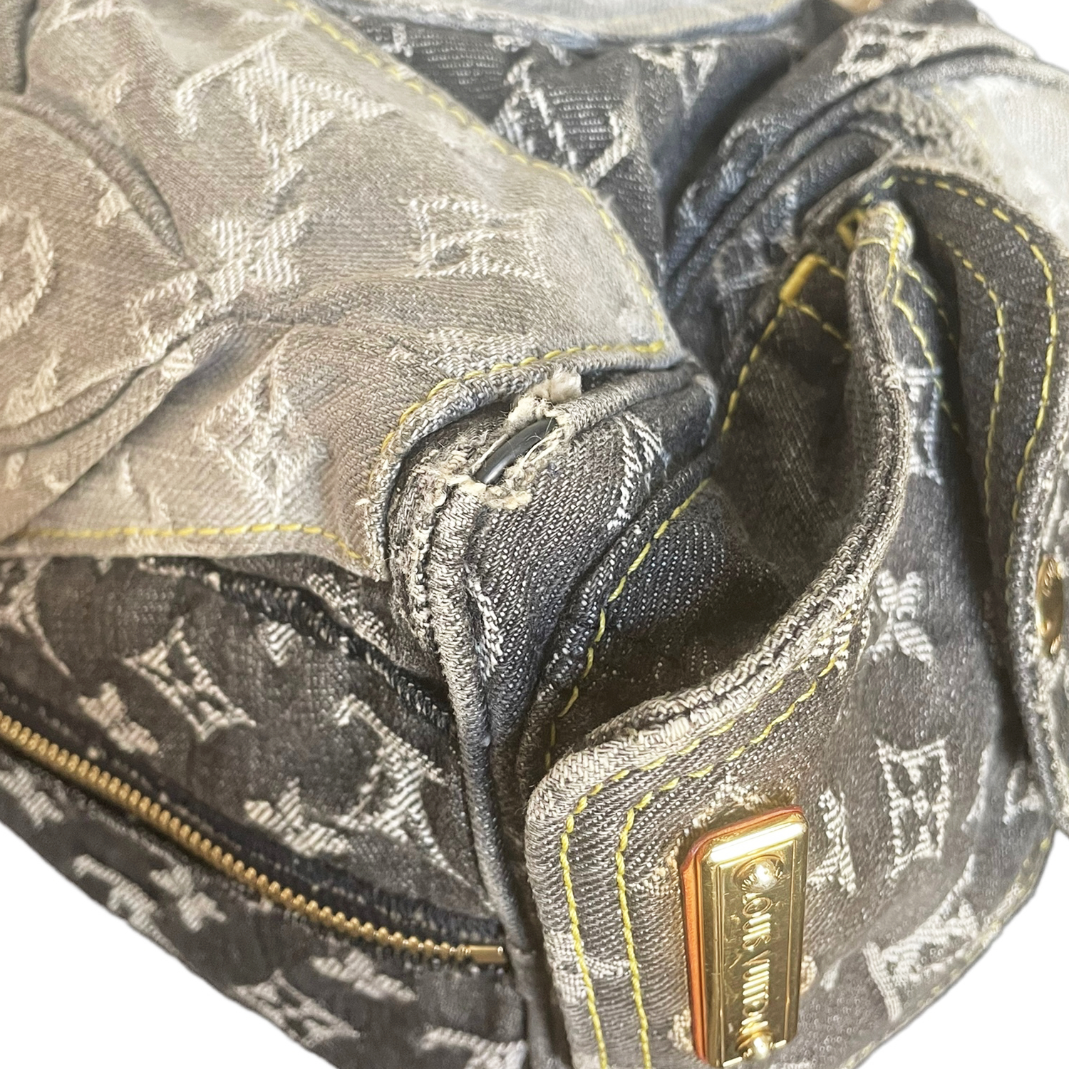 Louis Vuitton 2000s Gray Monogram Denim Patchwork Shoulder Bag · INTO