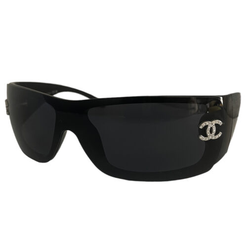 Vintage Chanel Diamante Chunky Shield Sunglasses in Black / Silver | NITRYL