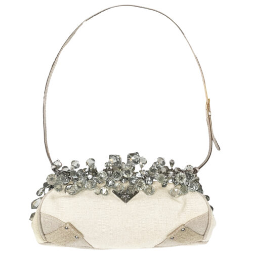 Vintage Prada Crystal Linen Shoulder Bag in Beige / Silver | NITRYL