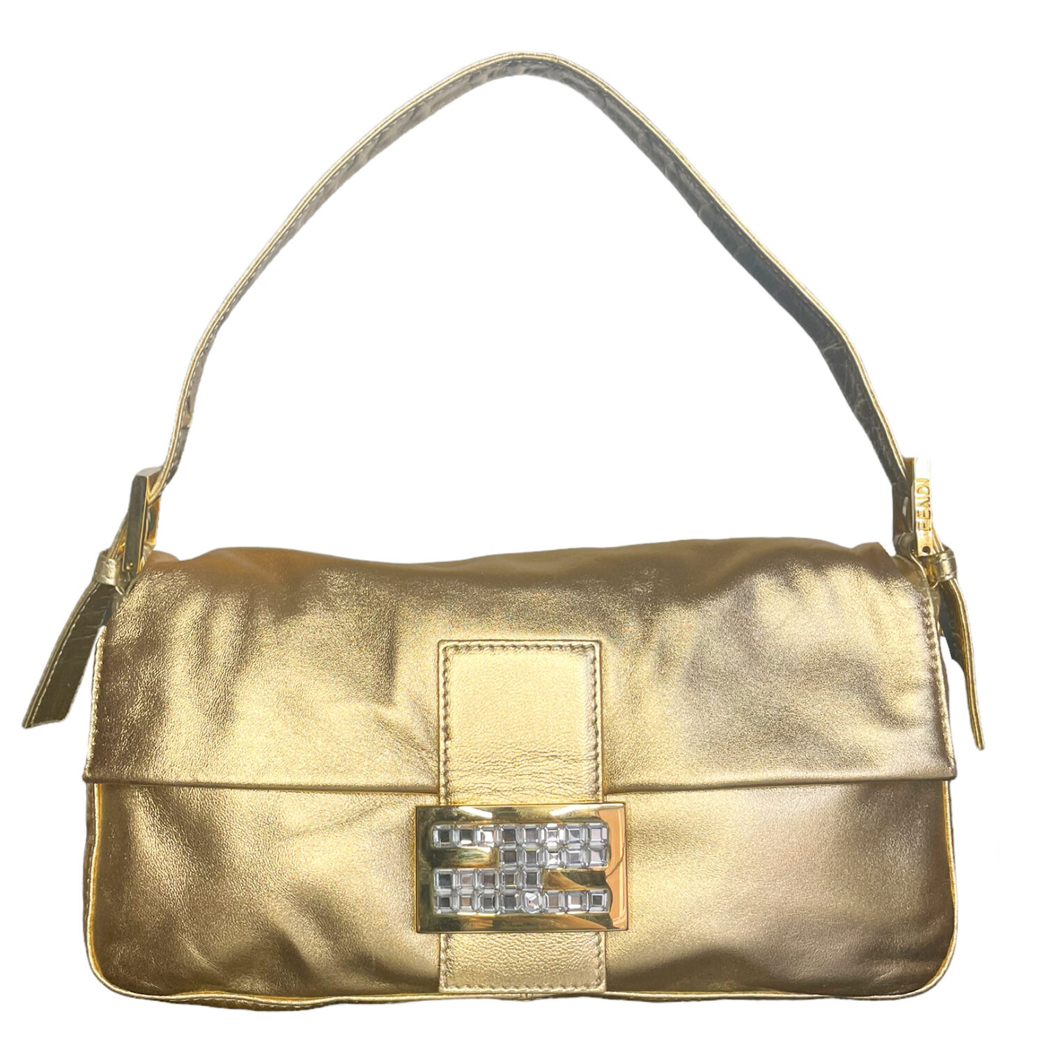 Vintage Fendi Leather Crystal Encrusted Shoulder Baguette Bag in Gold | NITRYL