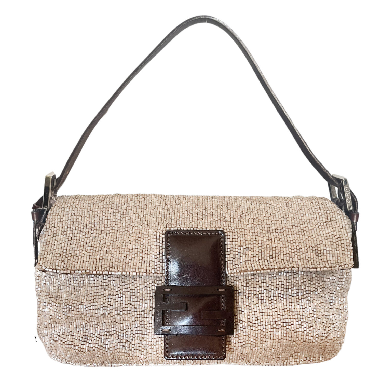 Vintage Fendi Beaded Shoulder Baguette Bag in Beige / Brown | NITRYL