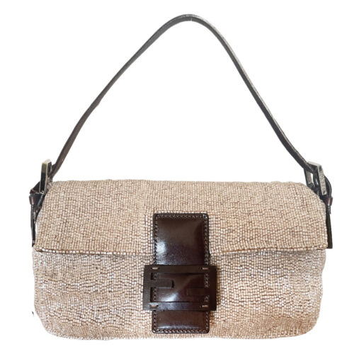 Vintage Fendi Beaded Shoulder Baguette Bag in Beige / Brown | NITRYL