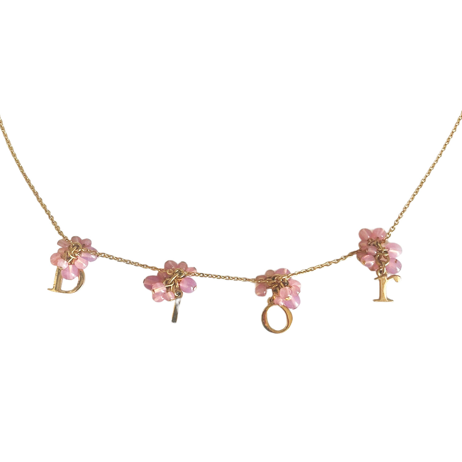Vintage Dior Spellout Logo Beaded Necklace in Gold / Pink | NITRYL