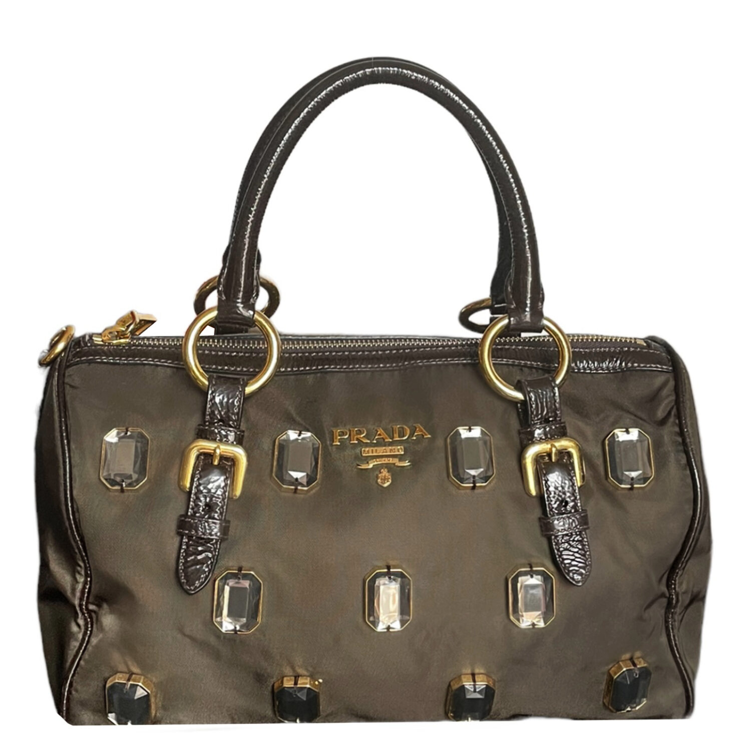 Vintage Prada Nylon Jewel Boston Bag in Khaki / Brown | NITRYL