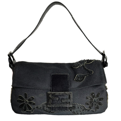 Vintage Fendi Floral Wool Shoulder Baguette Bag in Black | NITRYL