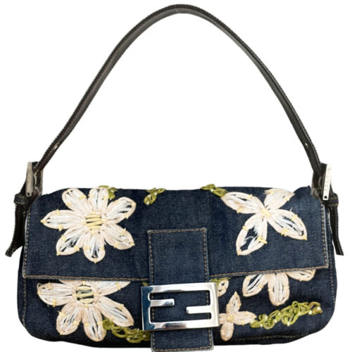 Vintage Fendi Daisy Embellished Denim Shoulder Baguette Bag | NITRYL
