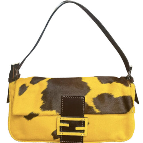 Vintage Fendi Cow Ponyskin Style Calfskin Shoulder Baguette Bag in Yellow / Brown | NITRYL