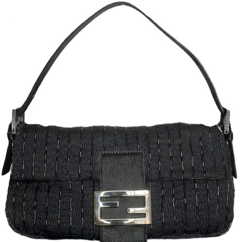 Vintage Fendi Beaded Knitted Shoulder Baguette Bag in Black with Calfskin Detailing | NITRYL