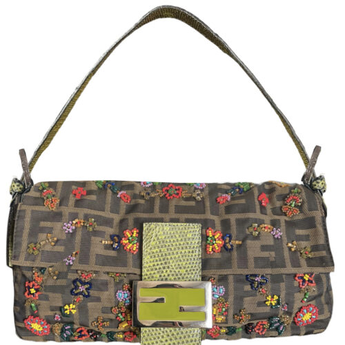 Vintage Fendi Monogram Floral Beaded Shoulder Baguette Bag with Exotic Leather Detailing | NITRYL