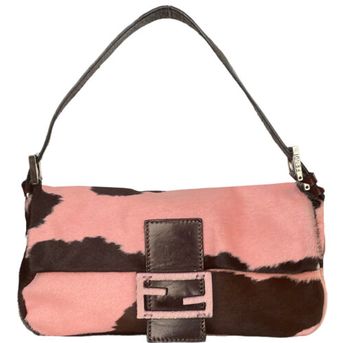 Vintage Fendi Cow Ponyskin Style Calfskin Shoulder Baguette Bag in Baby Pink / Brown | NITRYL