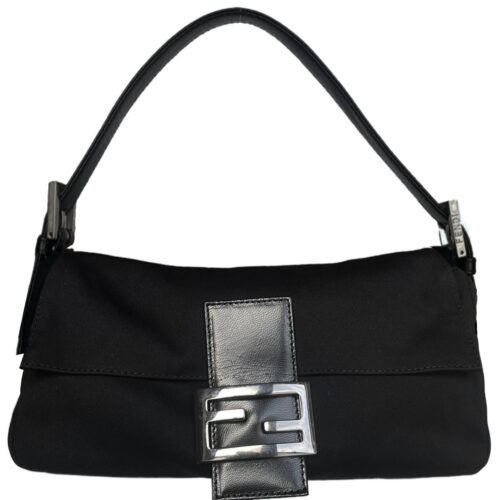 Vintage Fendi Silk Shoulder Baguette Bag in Black / Gunmetal / NITRYL
