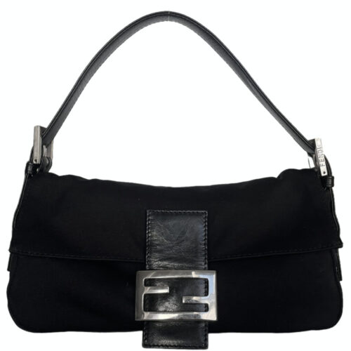 Vintage Fendi Silk Shoulder Baguette Bag in Black / Silver | NITRYL