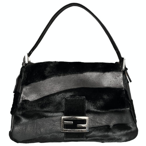 Vintage Fendi Patchwork Ponyhair-style Calfskin Mama Shoulder Baguette Bag in Black | NITRYL