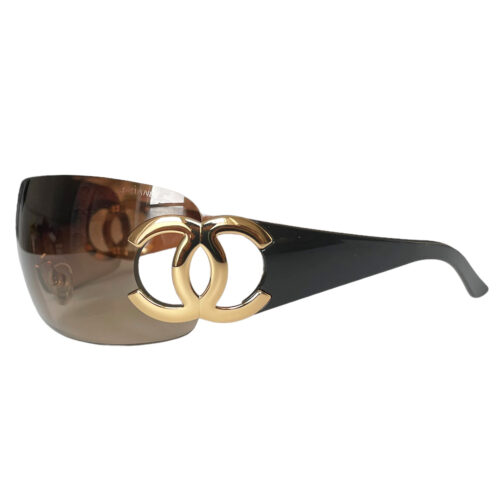 Vintage Chanel Rimless Logo Shield Sunglasses in Brown / Gold | NITRYL