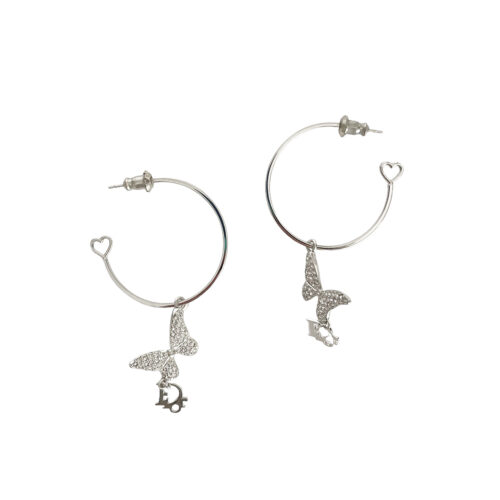 Vintage Dior Diamante Logo Butterfly Hoop Earrings in Silver | NITRYL