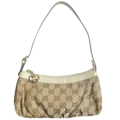 Vintage Gucci Monogram Mini Shoulder Bag in Beige / Cream with Gold Heart Charm | NITRYL