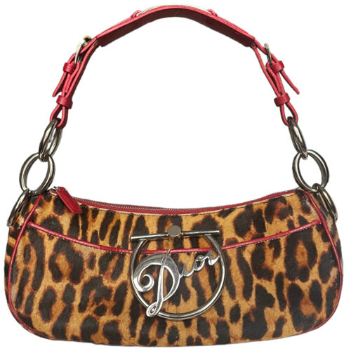 Vintage Dior Cursive Leopard Ponyskin-style Shoulder Bag in Brown / Red | NITRYL