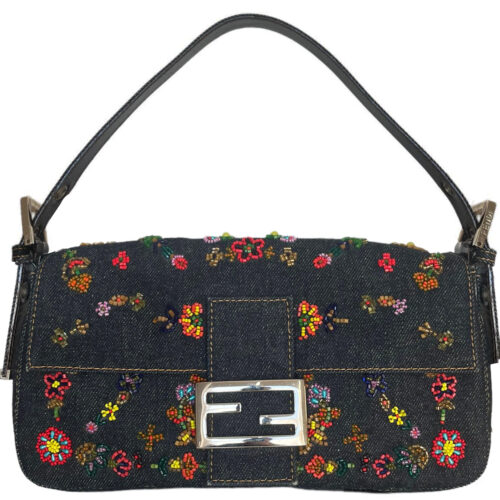Vintage Fendi Beaded Floral Shoulder Baguette Bag in Denim | NITRYL