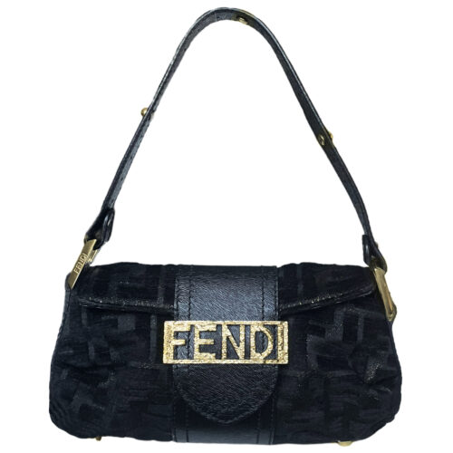 Vintage Fendi Monogram Velvet Mini Shoulder Bag in Black / Gold | NITRYL