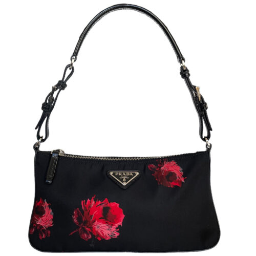 Vintage Prada Nylon Flower Shoulder Bag in Black / Red | NITRYL