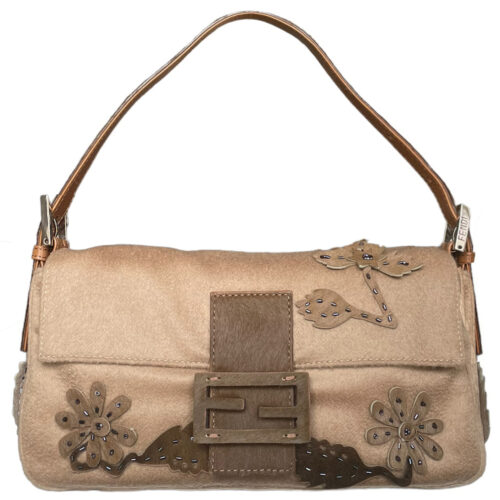 Vintage Fendi Floral Wool Shoulder Baguette Bag in Brown with Ponyskin-style Calfskin Detailing | NITRYL