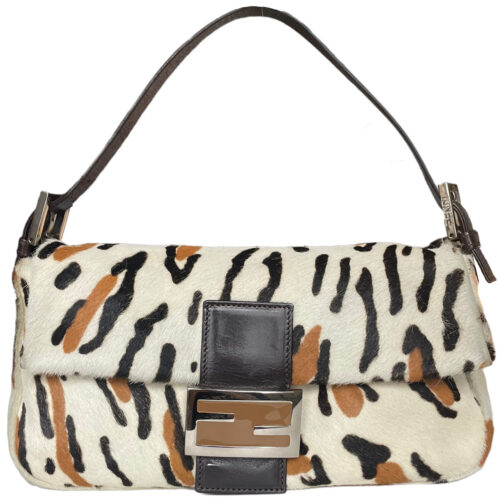 Vintage Fendi Leopard Print Ponyskin Style Shoulder Baguette Bag in Cream | NITRYL