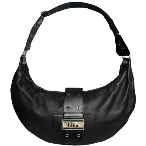Vintage Dior Street Chic Half Moon Leather XL Shoulder Bag in Black / Silver | NITRYL