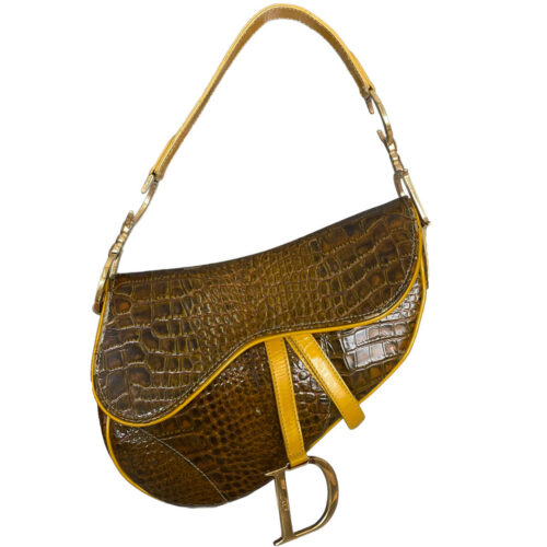 Vintage Dior Croc Print Leather Saddle Bag in Brown / Gold | NITRYL