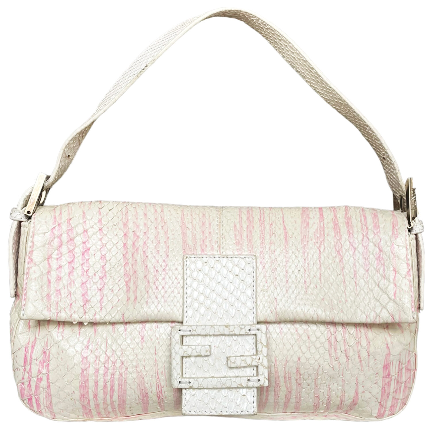 Vintage Fendi Python Snakeskin Shoulder Baguette Bag in White / Pink | NITRYL