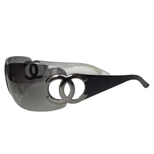Vintage Chanel Logo Wraparound Sunglasses in Silver / Black | NITRYL