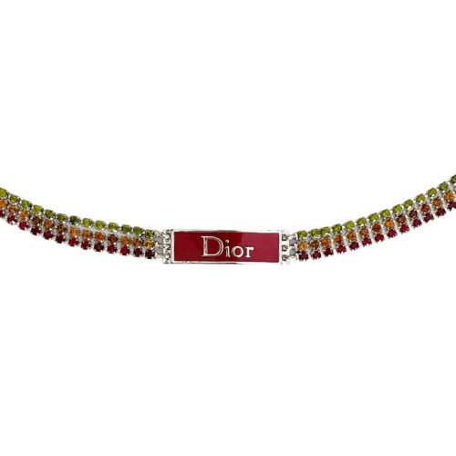 Vintage Dior Diamante Rasta Logo Plate Bracelet in Silver / Red | NITRYL