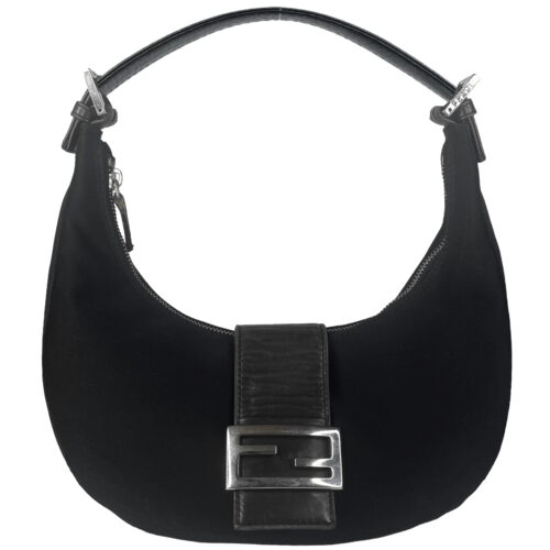 Vintage Fendi Silk Half-Moon Hobo Bag in Black / Silver | NITRYL