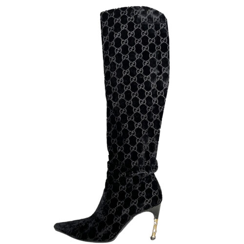 Vintage Gucci by Tom Ford Monogram Velvet Knee High Boots in Black UK 4 | NITRYL