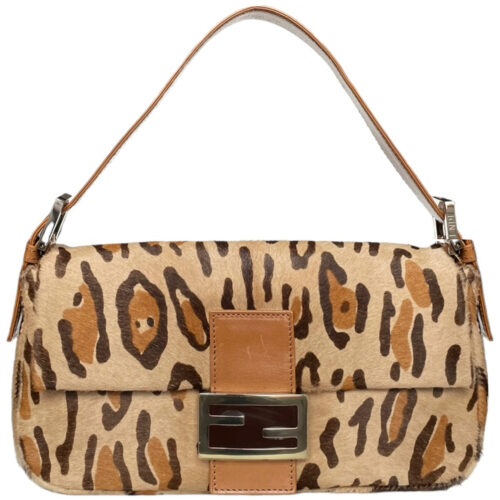 Vintage Fendi Leopard Print Ponyskin-style Calfskin Shoulder Baguette Bag in Tan | NITRYL