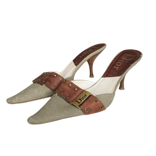 Vintage Dior Logo Slip-on Heels in Khaki / Brown / Gold UK 5.5 | NITRYL