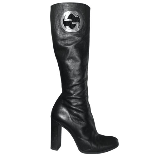 Vintage Gucci by Tom Ford Cutout Logo Knee High Boots in Black / Silver UK 5.5 | NITRYL