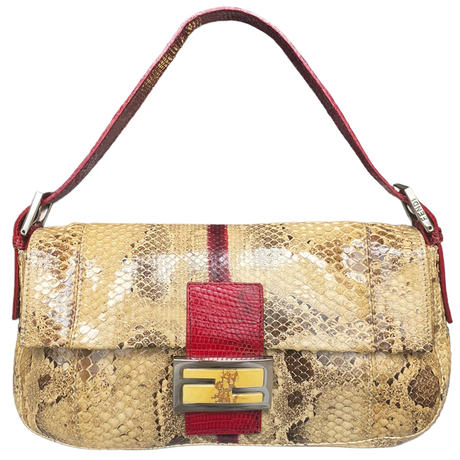 Vintage Fendi Python Snakeskin Shoulder Baguette Bag in Beige with Red Lizard Trim | NITRYL